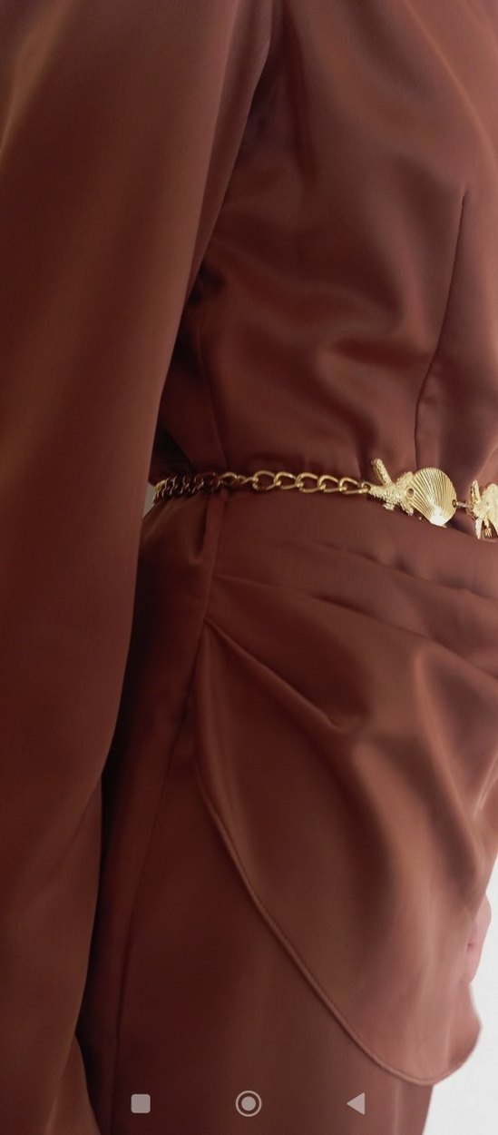 Kahverengi Uzun Kollu Drapeli Abiye - Görsel 2