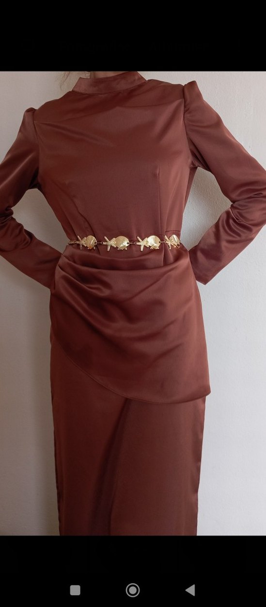 Kahverengi Uzun Kollu Drapeli Abiye - Görsel 3