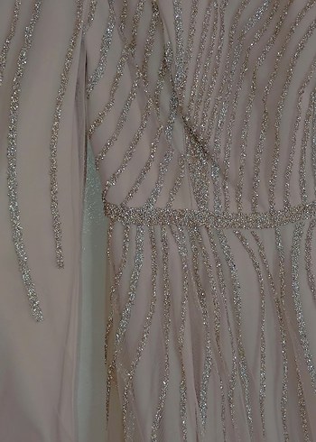 Payetli simli tül Uzun Bej abiye tesettür - Görsel 4