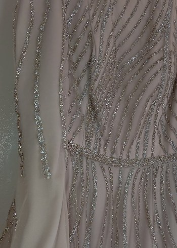 Payetli simli tül Uzun Bej abiye tesettür - Görsel 5