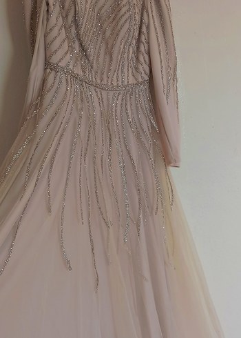 Payetli simli tül Uzun Bej abiye tesettür - Görsel 3