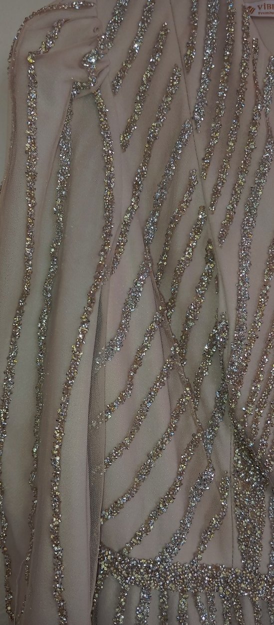 Payetli  simli tül Uzun Bej abiye tesettür - Görsel 2