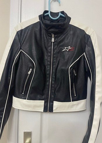 Bershka marka Siyah Beyaz Kadın Deri Biker Ceket