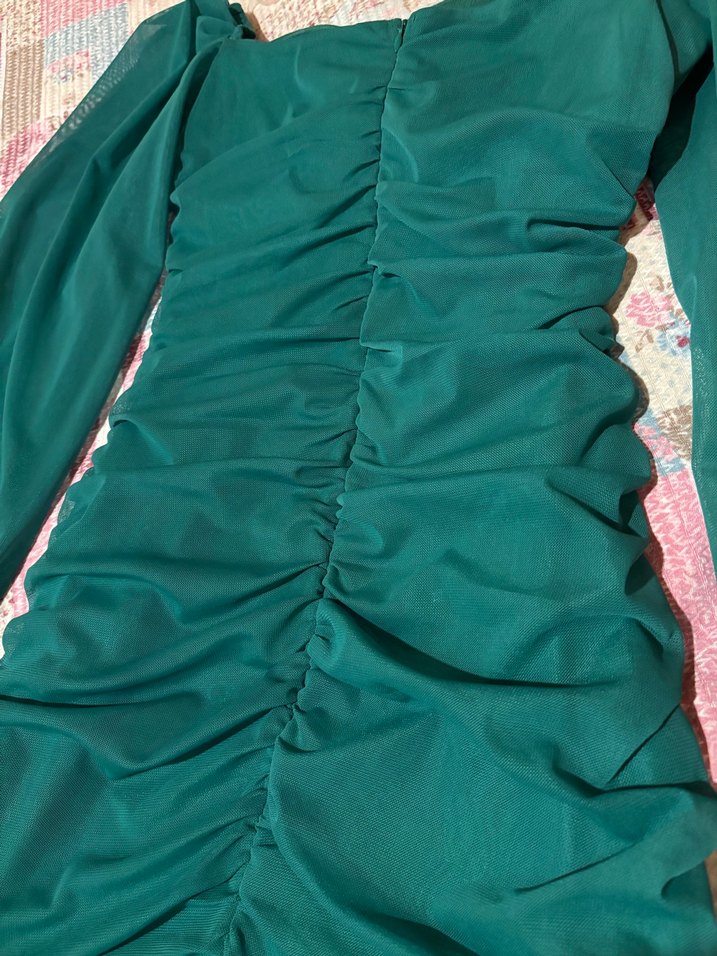 Uzun Kollu Yeşil Straplez Midi Elbise - Görsel 4