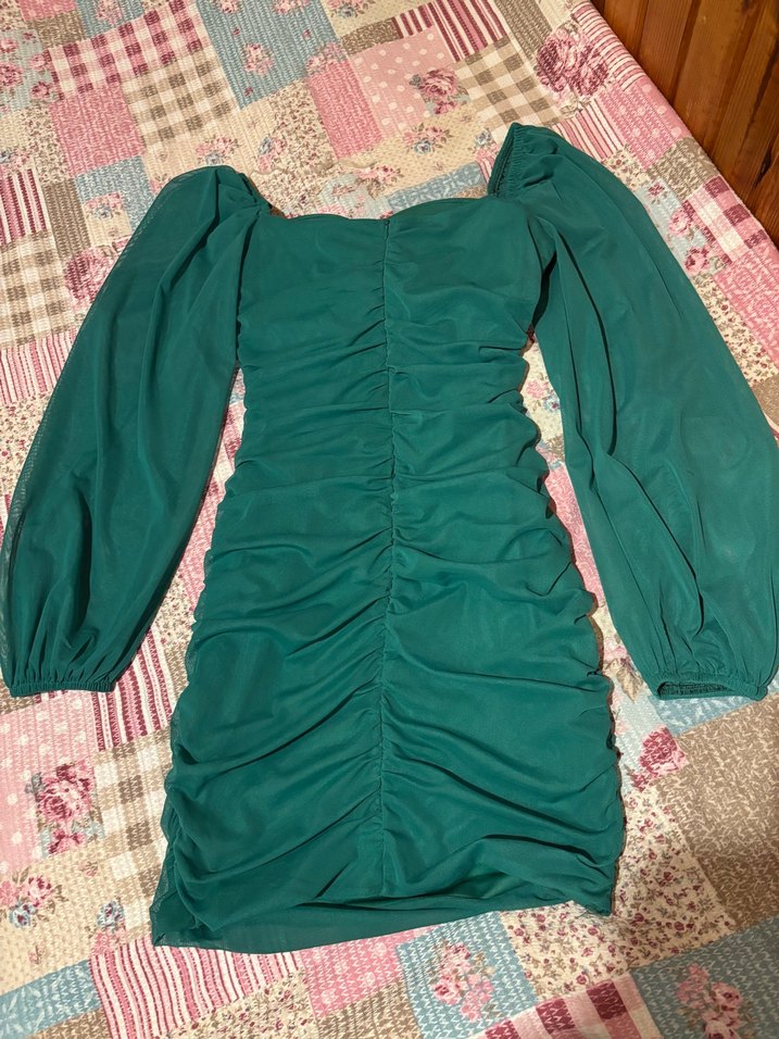 Uzun Kollu Yeşil Straplez Midi Elbise - Görsel 3