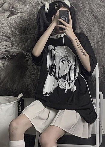 Trendyol & Milla Oversize Siyah Death Note Misa Baskılı Goth Tişört