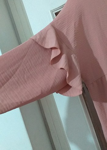 48 Beden Pembe Uzun Kollu Volanlı Tunik