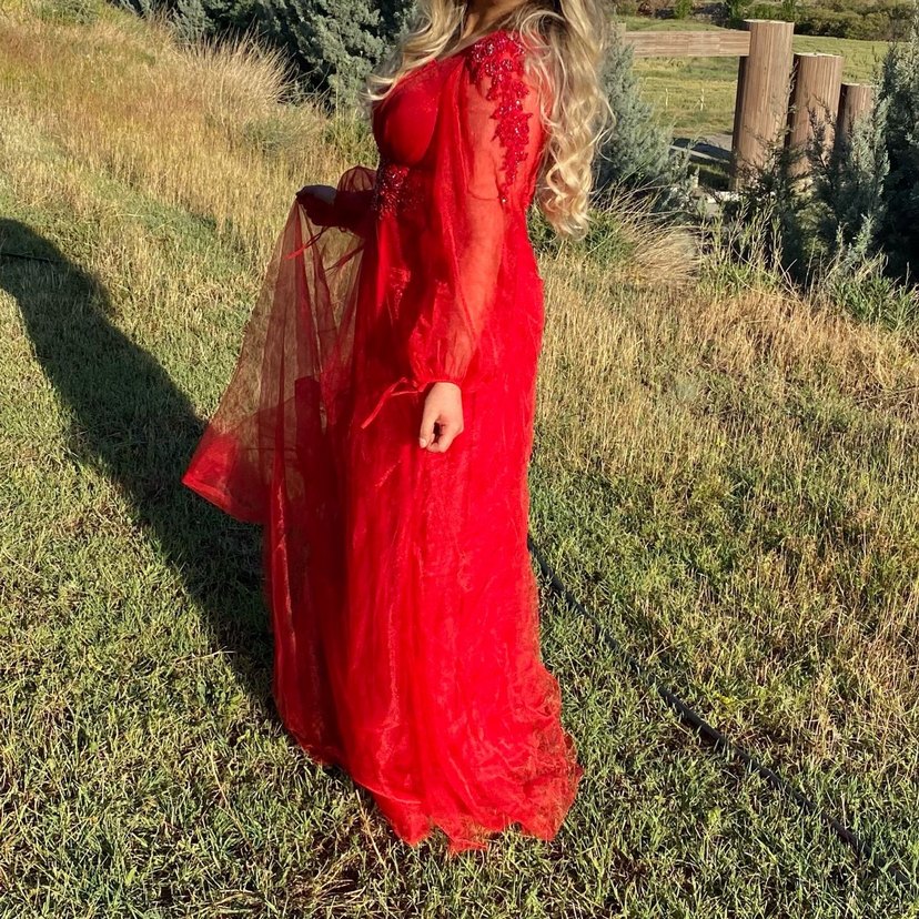 Uzun Kırmızı İşlemeli Kadın Kına Elbisesi - Görsel 2