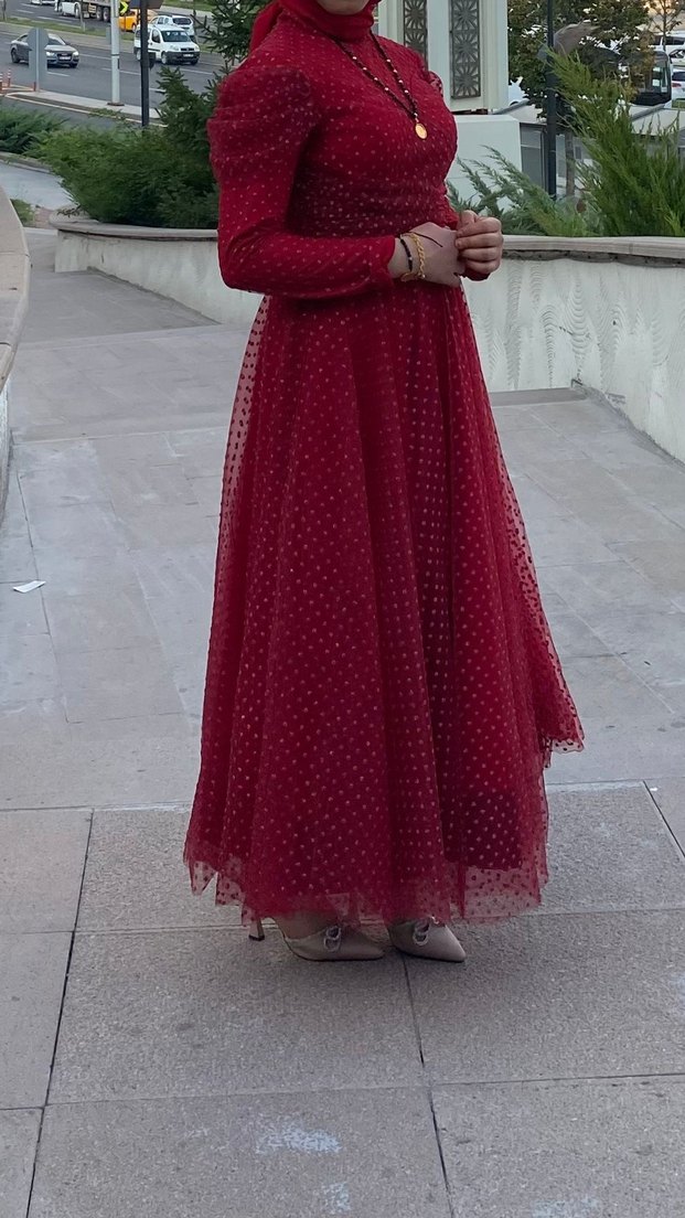 Bordo Puantiyeli Uzun Kollu Drapeli Elbise - Görsel 2