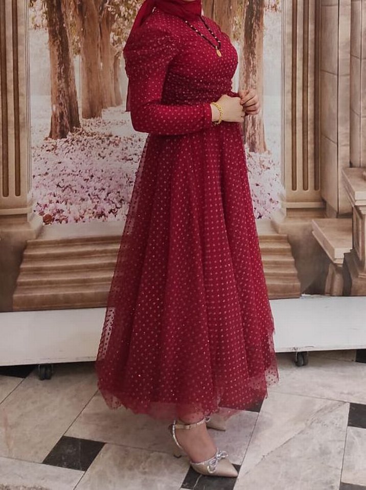 Bordo Puantiyeli Uzun Kollu Drapeli Elbise - Görsel 3