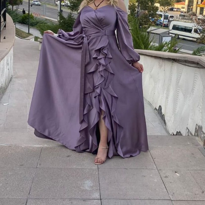 Mor Uzun Abiye Elbise Fırfır Detaylı - Görsel 2