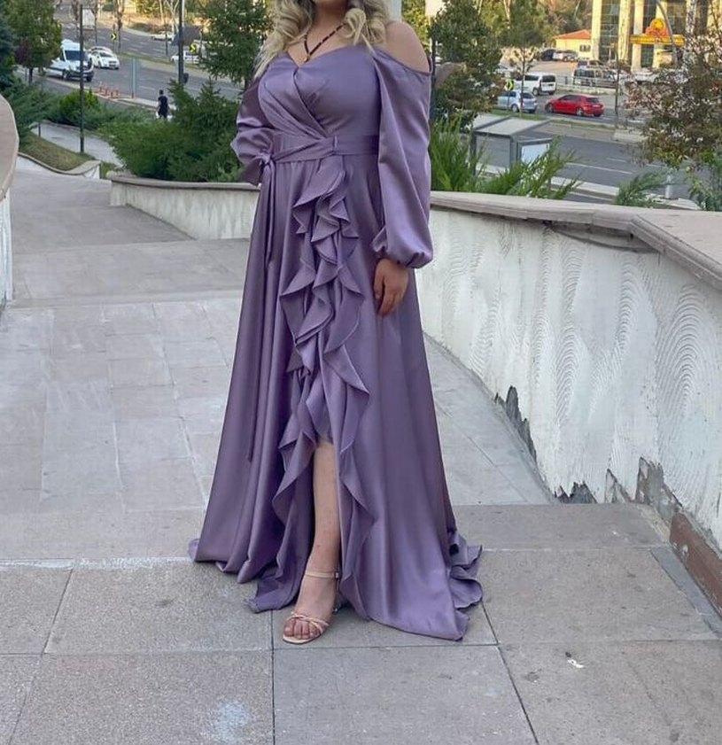 Mor Uzun Abiye Elbise Fırfır Detaylı - Görsel 3