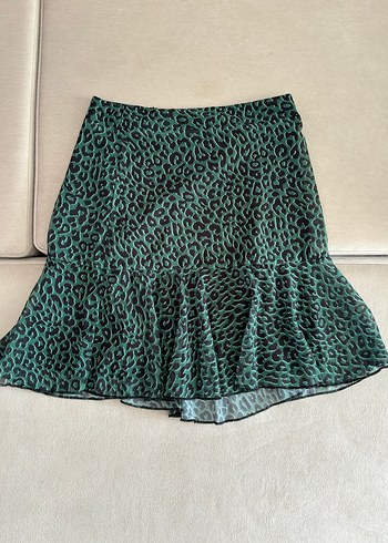 Yeşil Leopar Desenli Fırfırlı Mini Etek