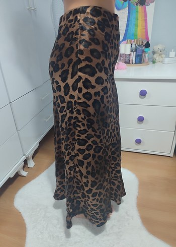universal Beden kahverengi Renk Leopar Desenli Uzun Fırfırlı Etek