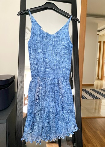 Mavi Desenli Dantelli Kolsuz Tulum - Görsel 3