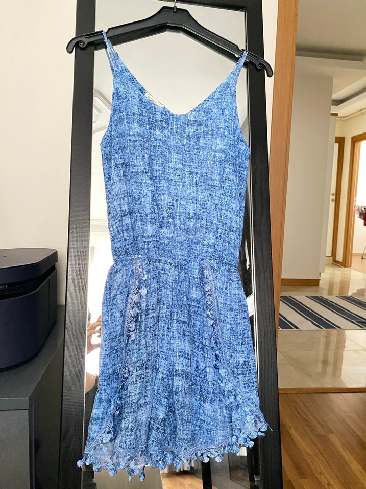 Mavi Desenli Dantelli Kolsuz Tulum - Görsel 3