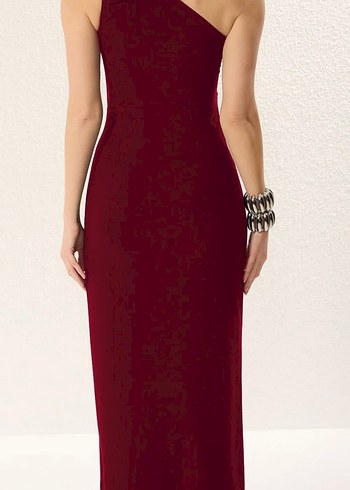 Bordo Drapeli Uzun Askılı Kadın Elbise - Görsel 2