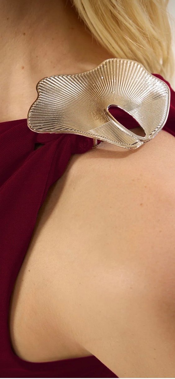 Bordo Drapeli Uzun Askılı Kadın Elbise - Görsel 3