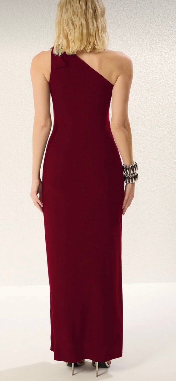 Bordo Drapeli Uzun Askılı Kadın Elbise - Görsel 2