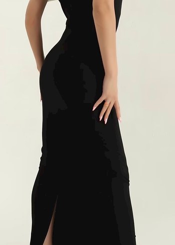 Siyah V Yakalı Uzun Drapeli Elbise - Görsel 2