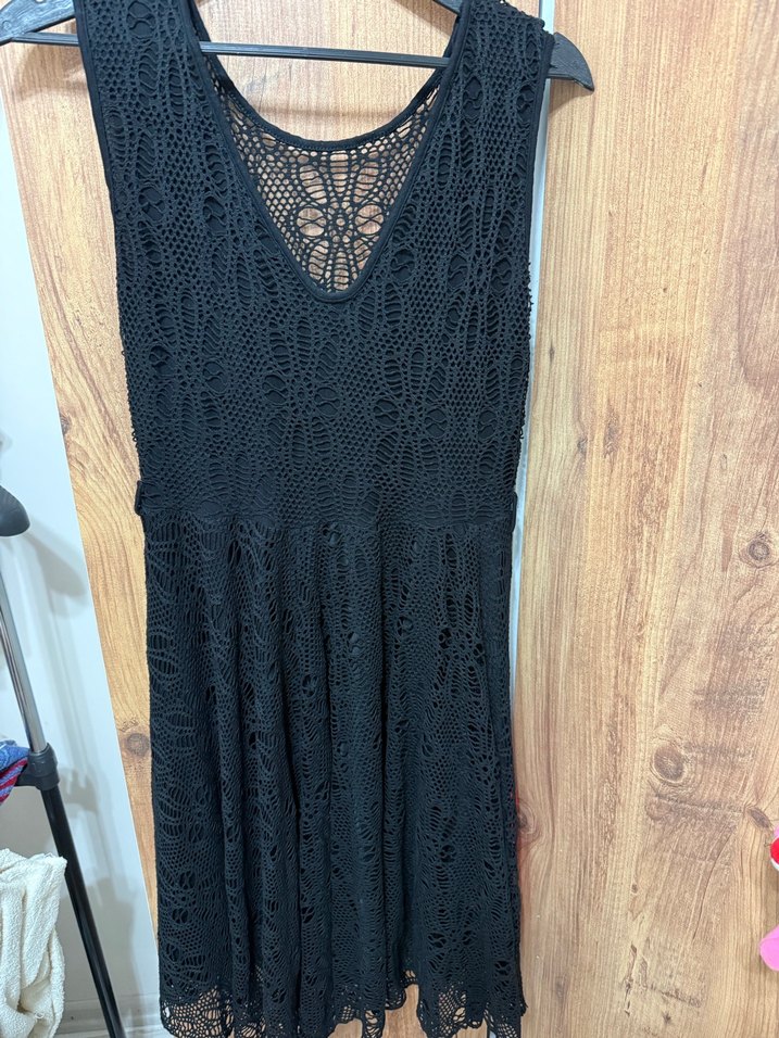 Siyah Dantel V Yakalı Midi Elbise - Görsel 2