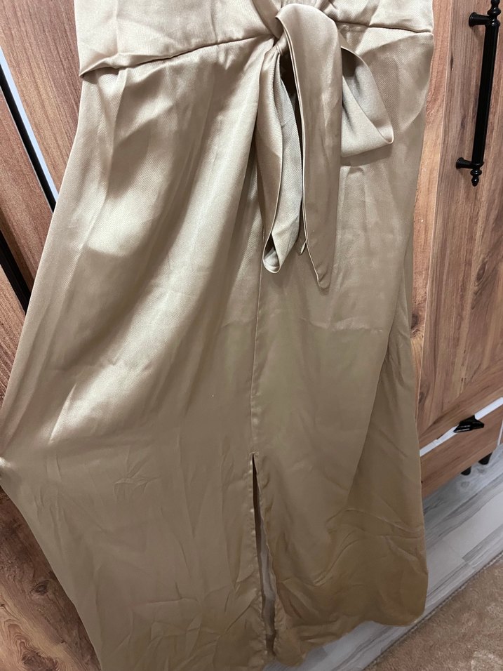 Bej Kadın halter yaka uzun elbise - Görsel 3