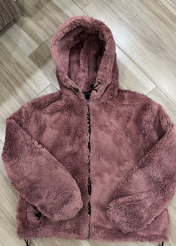 Bershka Pembe Kapüşonlu Peluş Kadın Kış Ceketi