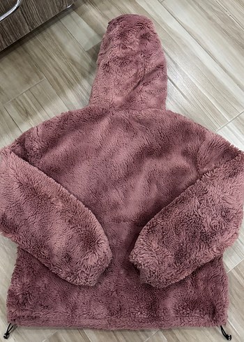 Pembe Kapüşonlu Peluş Kadın Kış Ceketi
