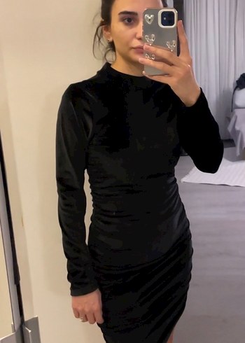 Oxxo marka Drapeli Siyah Uzun Kollu Midi Elbise - Görsel 2