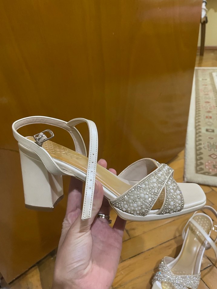 Gelin ayakkabısı İnci İşlemeli Beyaz Topuklu - Görsel 3