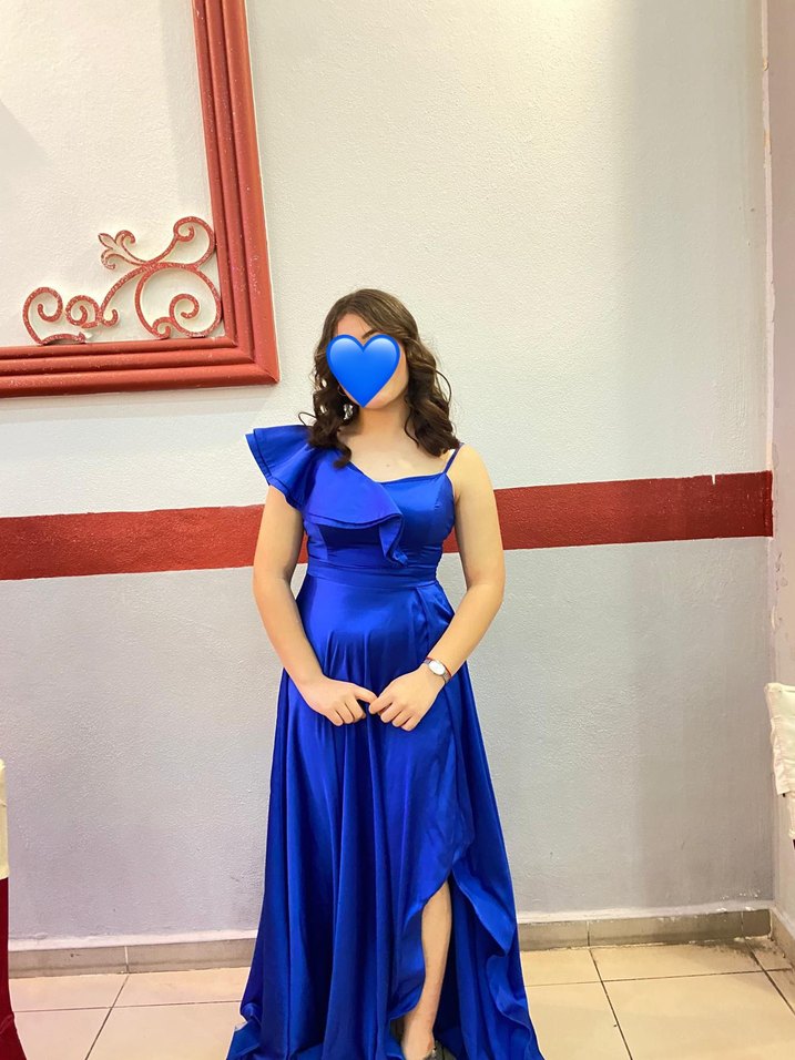 Mavi Parlak Drapeli Midi Abiye Elbise - Görsel 2