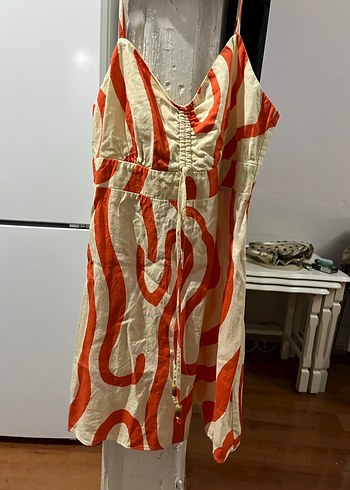 Turuncu Zebra Desenli Keten Kadın Tulum - Görsel 2