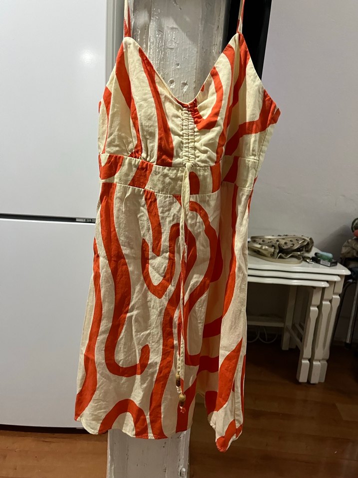 Turuncu Zebra Desenli Keten Kadın Tulum - Görsel 2