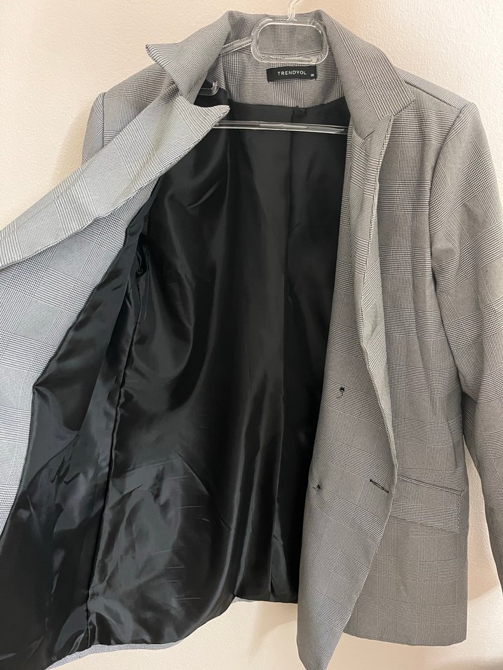 Gri Kareli Düğmeli Kadın Blazer Ceket - Görsel 2