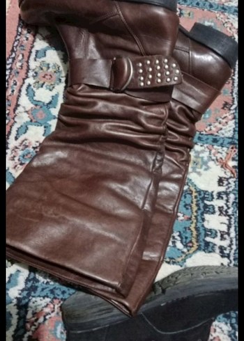 Kahverengi Deri Kadın Dizüstü Botlar - Görsel 2