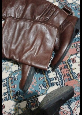 Kahverengi Deri Kadın Dizüstü Botlar - Görsel 7