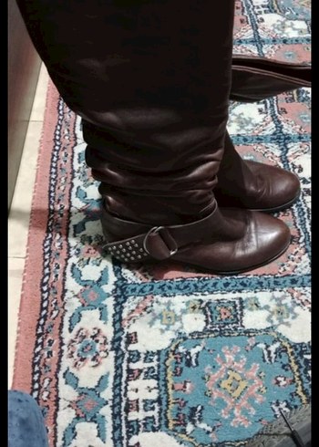 Kahverengi Deri Kadın Dizüstü Botlar - Görsel 4