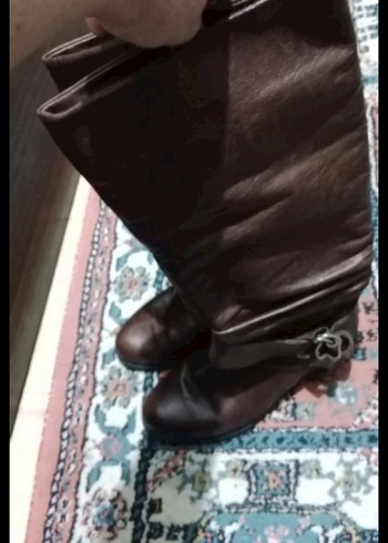 Kahverengi Deri Kadın Dizüstü Botlar - Görsel 8