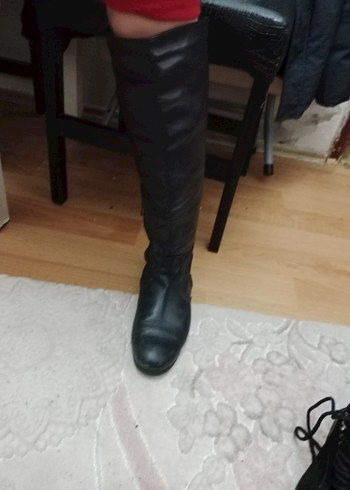 Siyah Deri Dizüstü Stiletto Topuklu Bot - Görsel 4