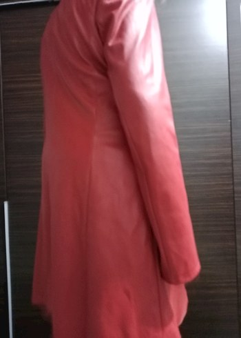 Parlak Kırmızı Deri Midi Hamile Kabanı - Görsel 8