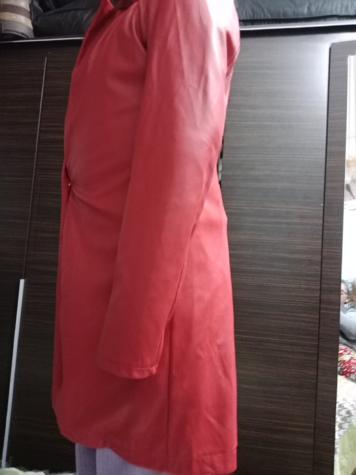 Parlak Kırmızı Deri Midi Hamile Kabanı - Görsel 3