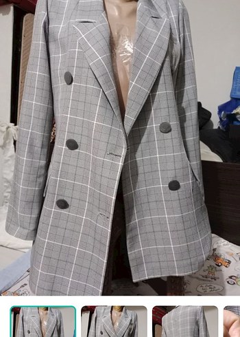 Zara Gri Ekose Cift Sirali Uzun Blazer