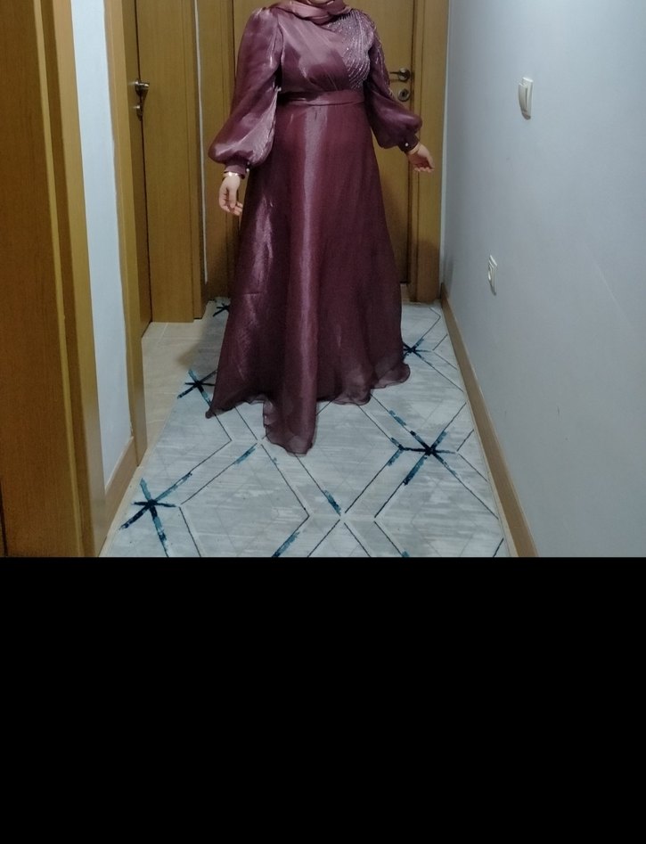 gül kurusu Uzun Kollu Yüksek Yaka Gotik Uzun Elbise - Görsel 2