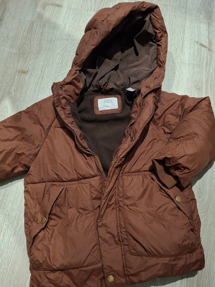 Kapüşonlu Düğmeli Kahverengi Erkek Çocuk Mont - Görsel 2