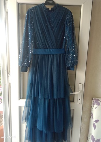 Mavi Uzun Abiye Elbise, Tül Detaylı - Görsel 2