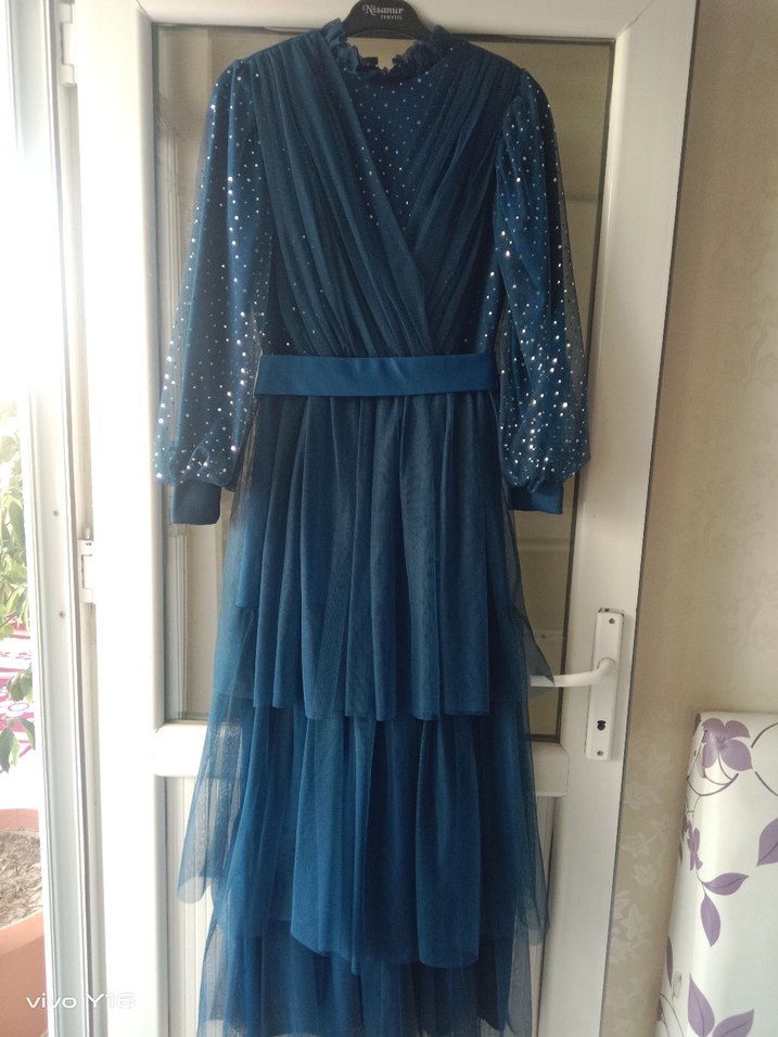 Mavi Uzun Abiye Elbise, Tül Detaylı - Görsel 2