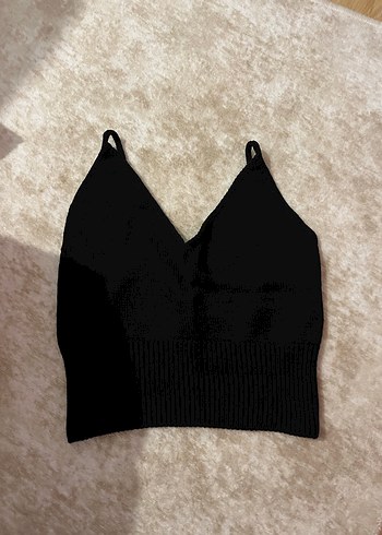 xs Beden Siyah V Yakalı Örgü Kadın crop