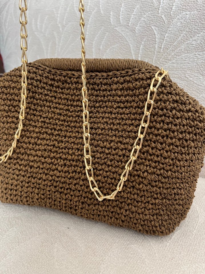 Zincir Detaylı Kahverengi Örgü Kadın Çanta - Görsel 5