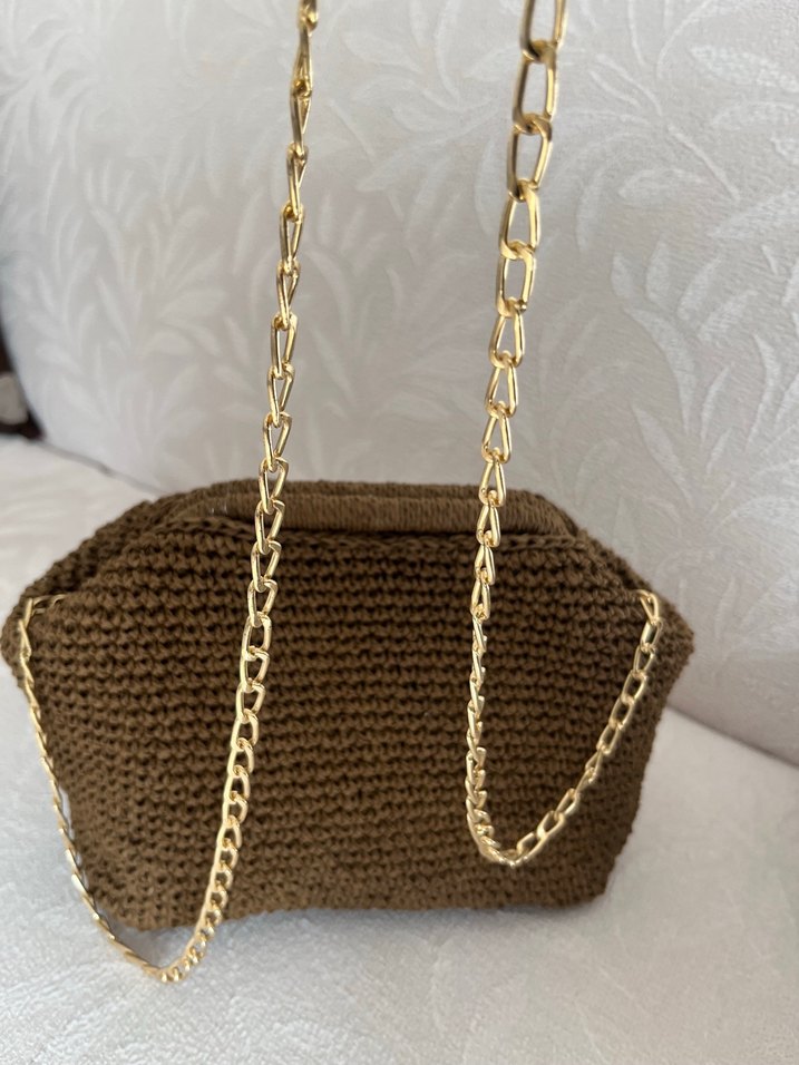 Zincir Detaylı Kahverengi Örgü Kadın Çanta - Görsel 3
