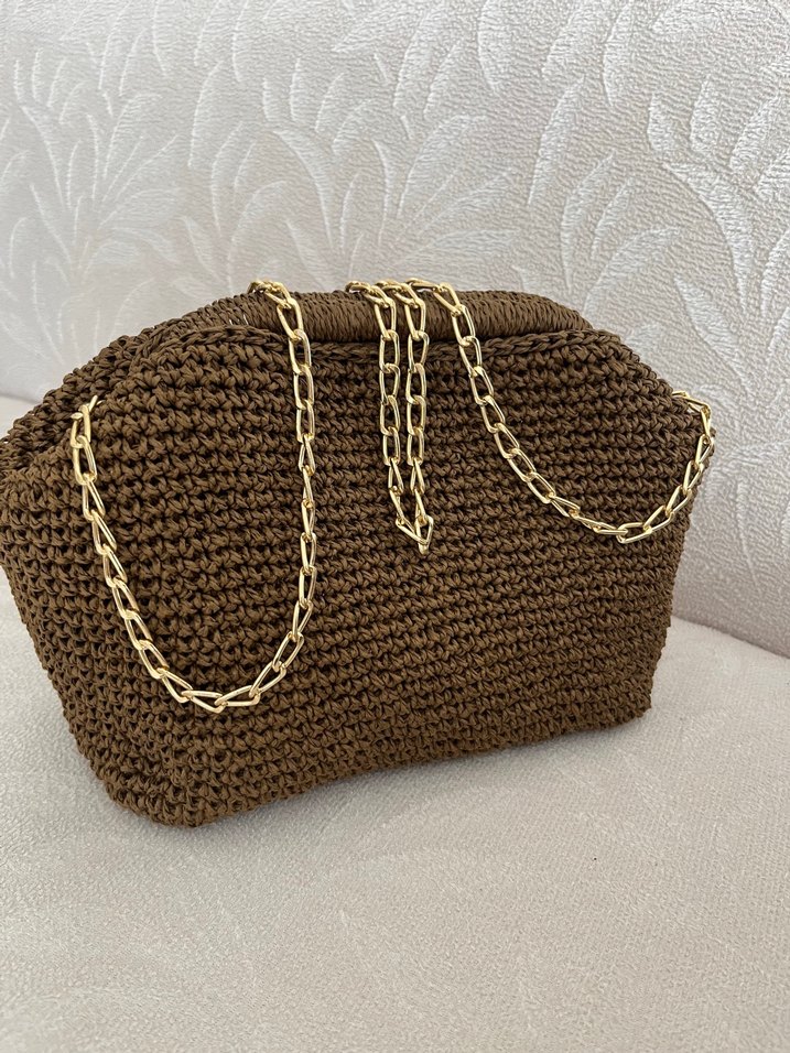 Zincir Detaylı Kahverengi Örgü Kadın Çanta - Görsel 2